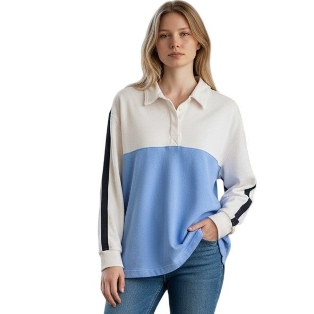 Vineyard Vines Colorblock Cotton Fleece Pullover Split Button Collar Blue Medium